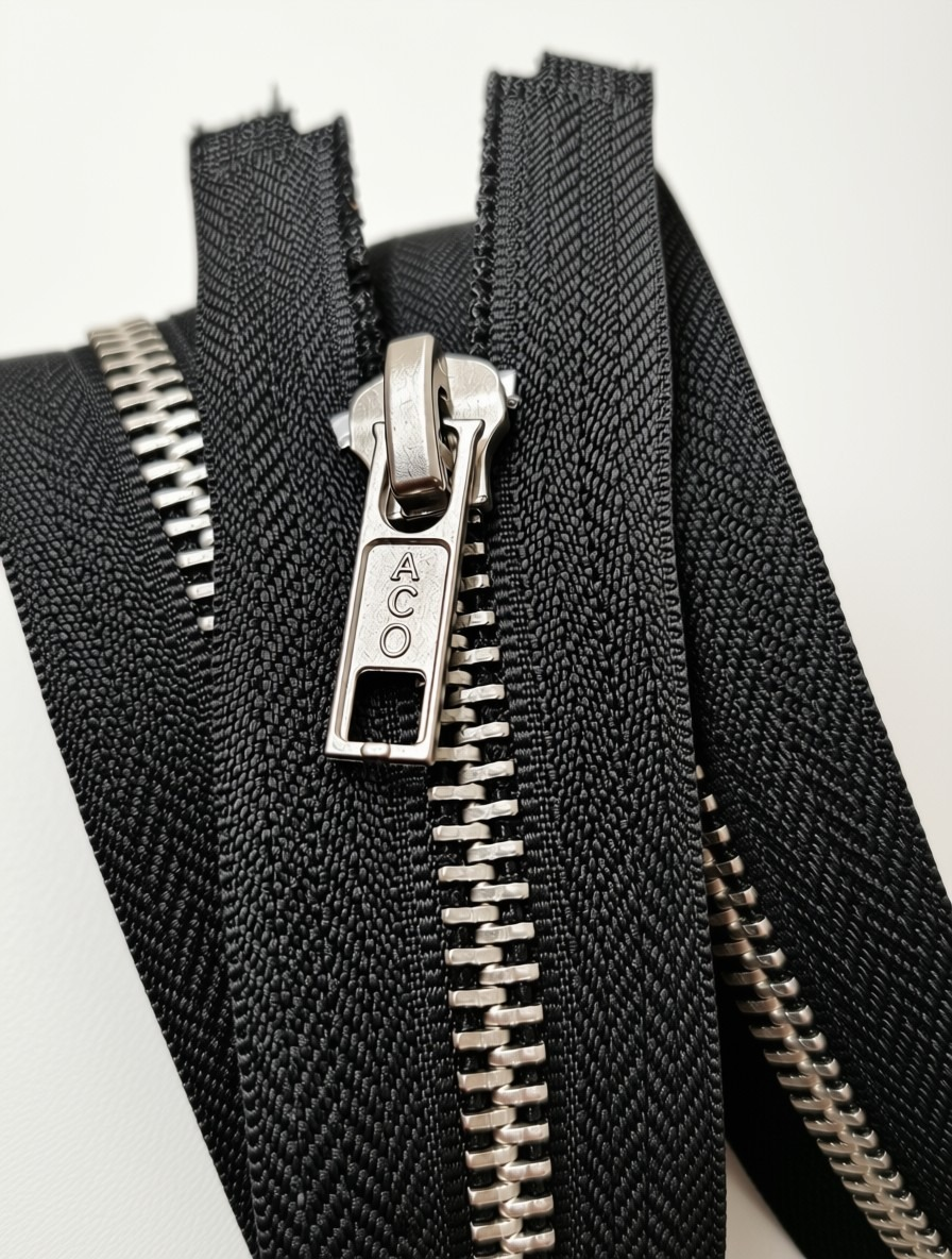 Cierre metálico Aco Zippers con dientes plateados y deslizador grabado con marca ACO